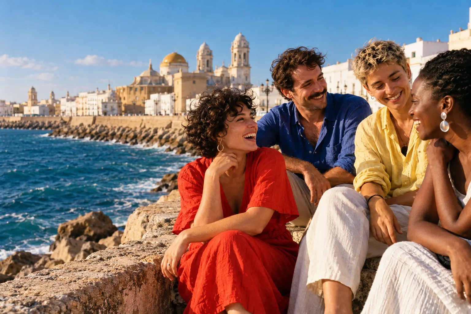 Imagen ilustrativa de campaña: personas adultas conversan junto al mar en un escenario inspirado en Cádiz.